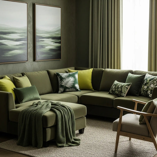 A living room with dark green walls and a matching large green sectional sofa. The sofa is covered in many green pillows of various patterns and textures. Two abstract paintings hang on the wall, and a textured beige rug covers the floor.