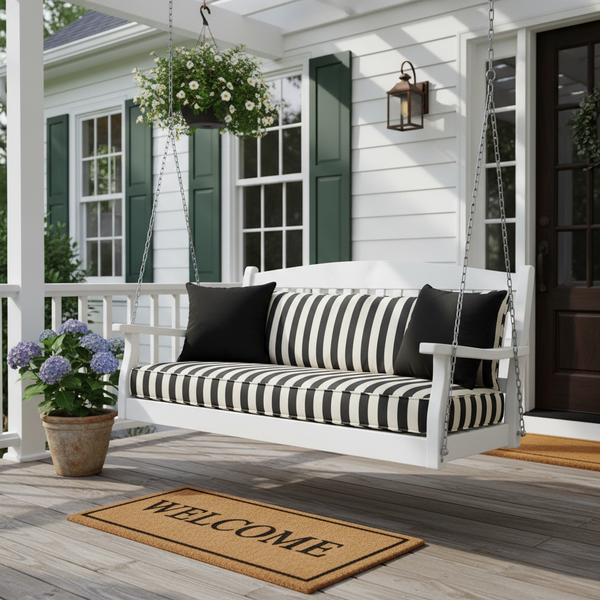 48 x 15 outdoor bench cushion in deep navy with subtle patterns, placed in a stylish patio setting.
