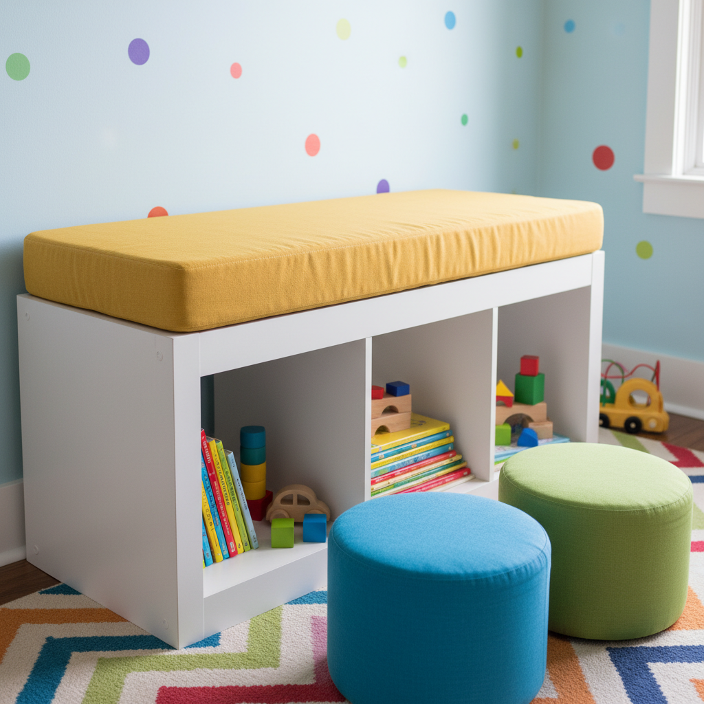 Indoor bench cushion in soft pastel colors in a cozy nook
