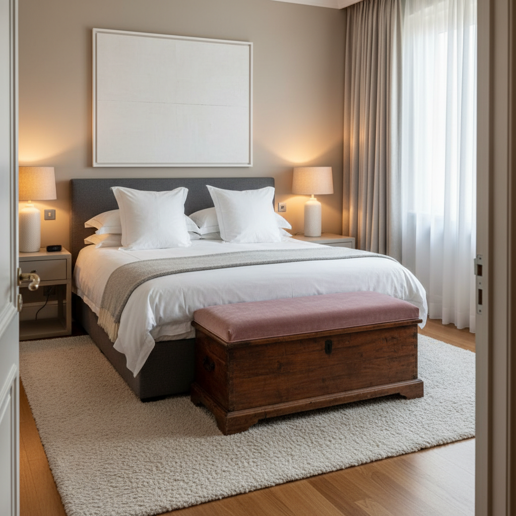 Luxurious outdoor bench cushions in emerald green and navy blue in a vibrant garden