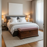 Luxurious outdoor bench cushions in emerald green and navy blue in a vibrant garden