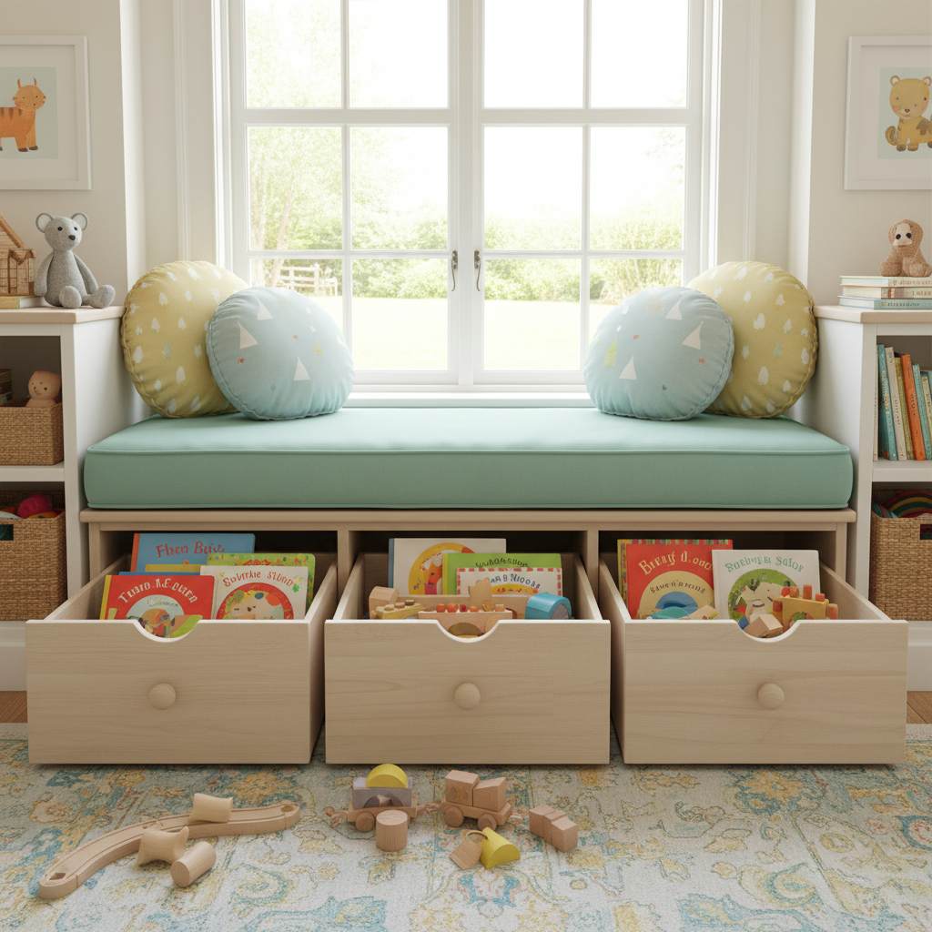 Cozy window bench with soft sage green cushion in a bright, inviting nook