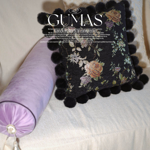Black floral embroidered throw pillow cover with pom-pom trim 22x22 inch Monet Garden design