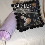 Black floral embroidered throw pillow cover with pom-pom trim 22x22 inch Monet Garden design