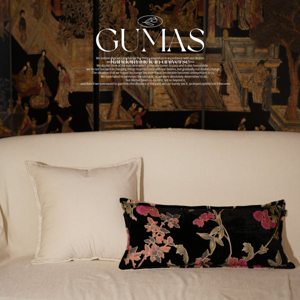 Black velvet throw pillow cover with pink and coral floral botanical print 18x18 inches