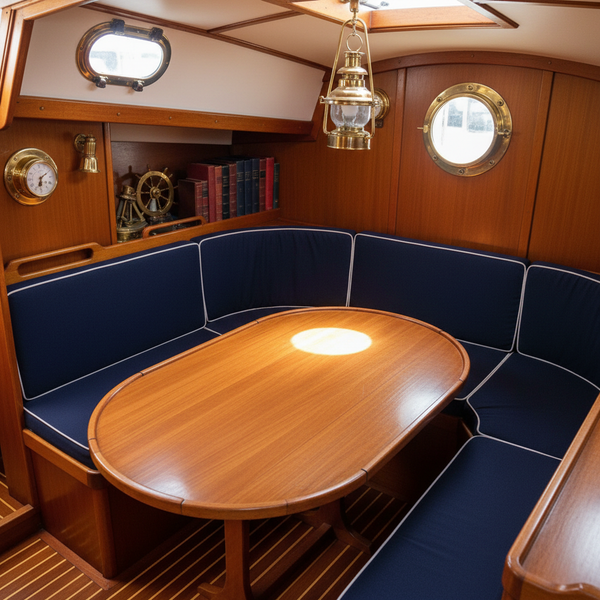 Navy blue and deep teal boat cushions on a sunny boat deck