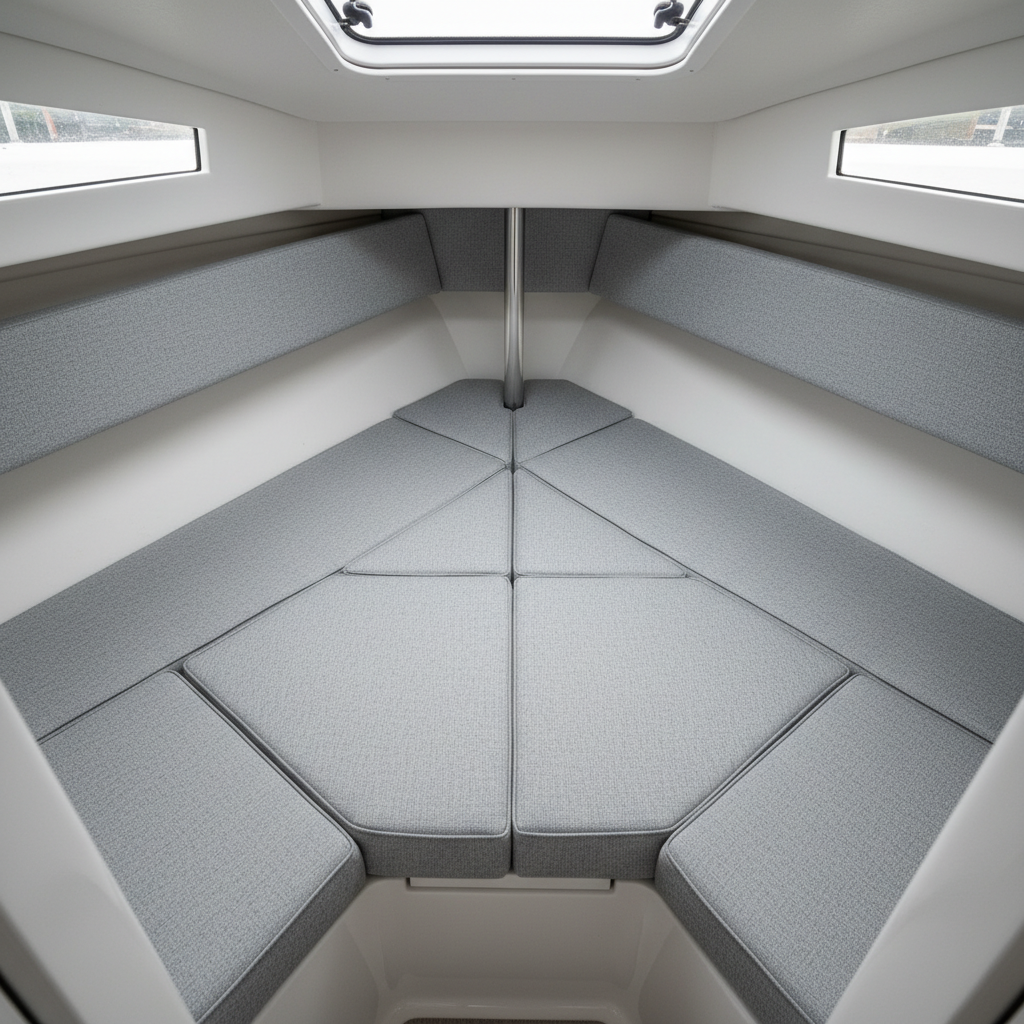 Nautical-themed boat interior with stylish navy and teal seat cushions