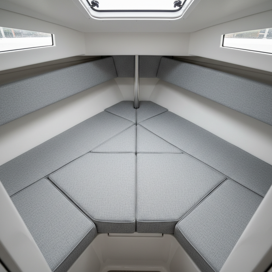 Nautical-themed boat interior with stylish navy and teal seat cushions