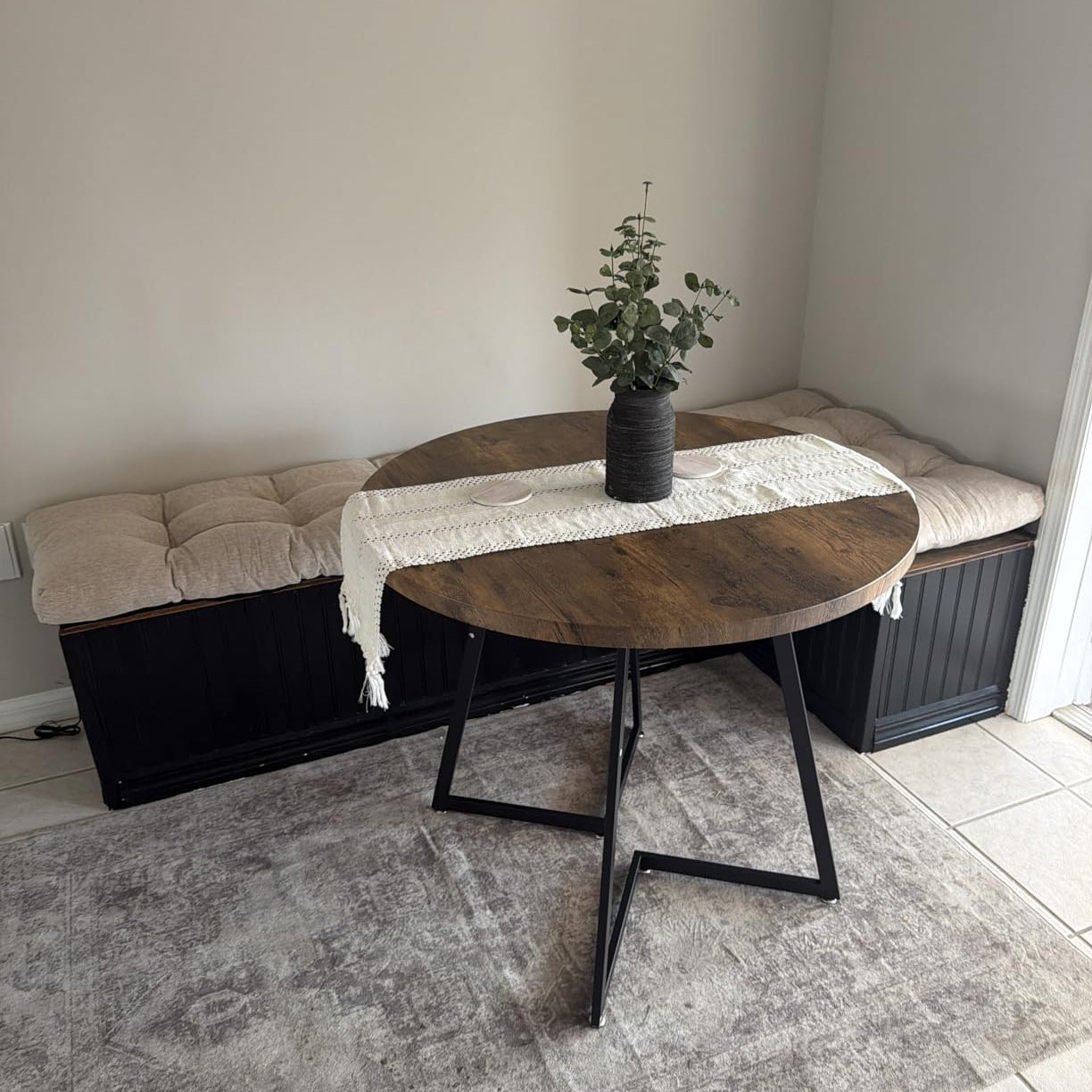 Grey tufted cushion in breakfast nook bench – custom fit button tufted style