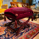 Burgundy crushed velvet ottoman bench cover with Persian rug pattern and gold tassels