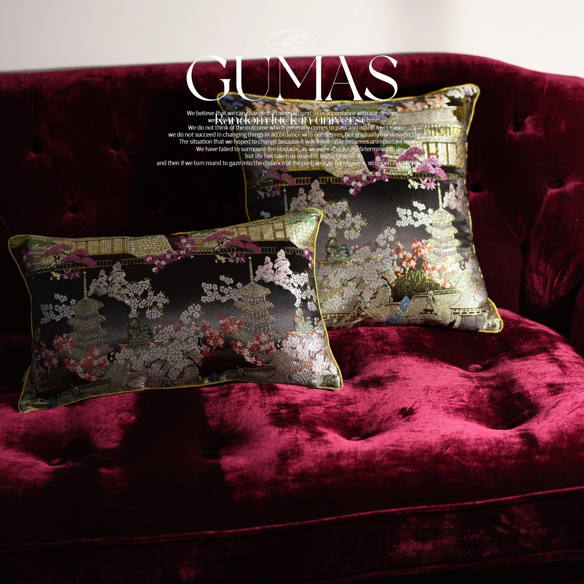 Burgundy velvet pillow cover with hand-embroidered Asian botanical scene in gold and silk threads, 18 inch square