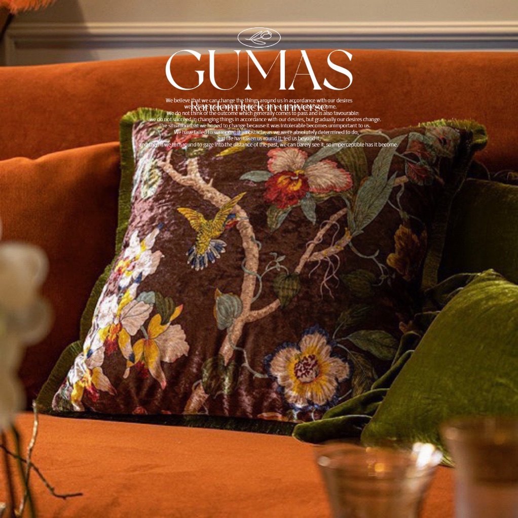 Burgundy velvet throw pillow cover with embroidered hummingbirds and botanical flowers in cream and gold