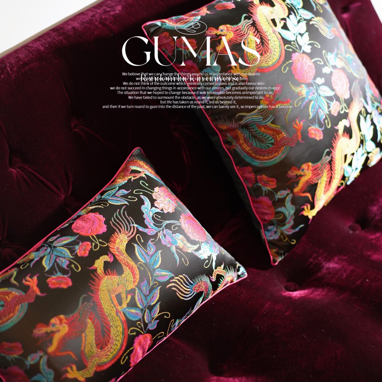 Burgundy velvet throw pillow cover with gold dragon embroidery and phoenix birds 20x20 inches