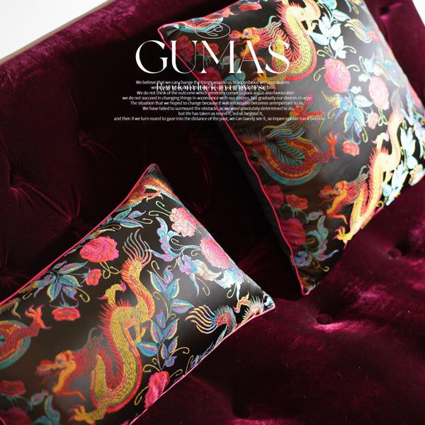 Burgundy velvet throw pillow cover with gold dragon embroidery and phoenix birds 20x20 inches