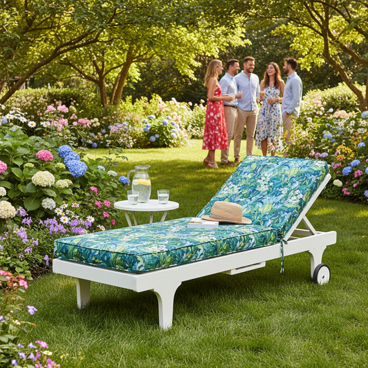 Chic outdoor chaise lounge cushions in teal and emerald green geometric patterns placed in a sunny garden.
