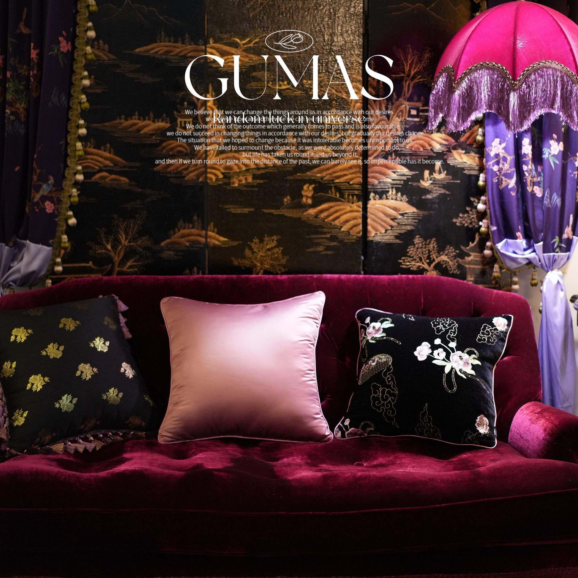 Chinese peony and crane embroidered black velvet cushion cover with white piping trim and mauve tassel detail