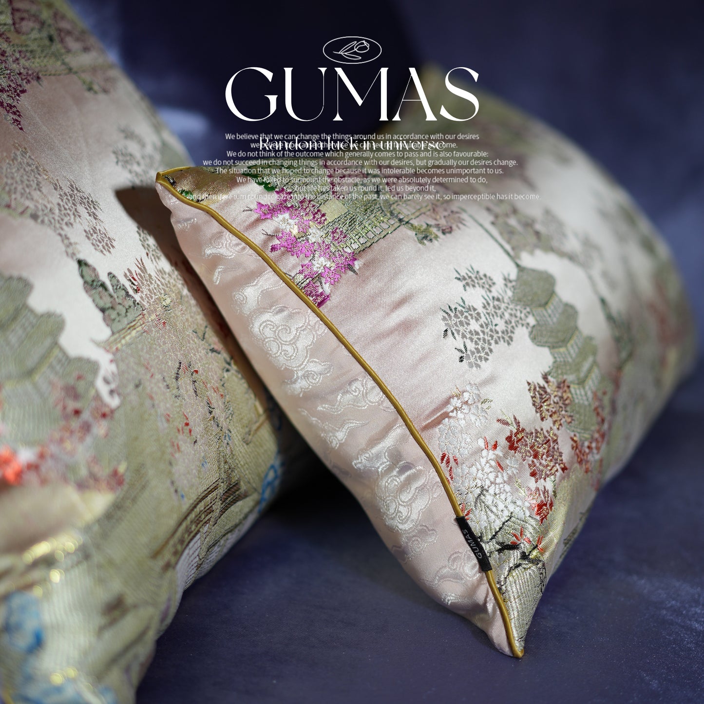 Chinese vintage style pink and gold brocade cushion cover with concealed zipper detail