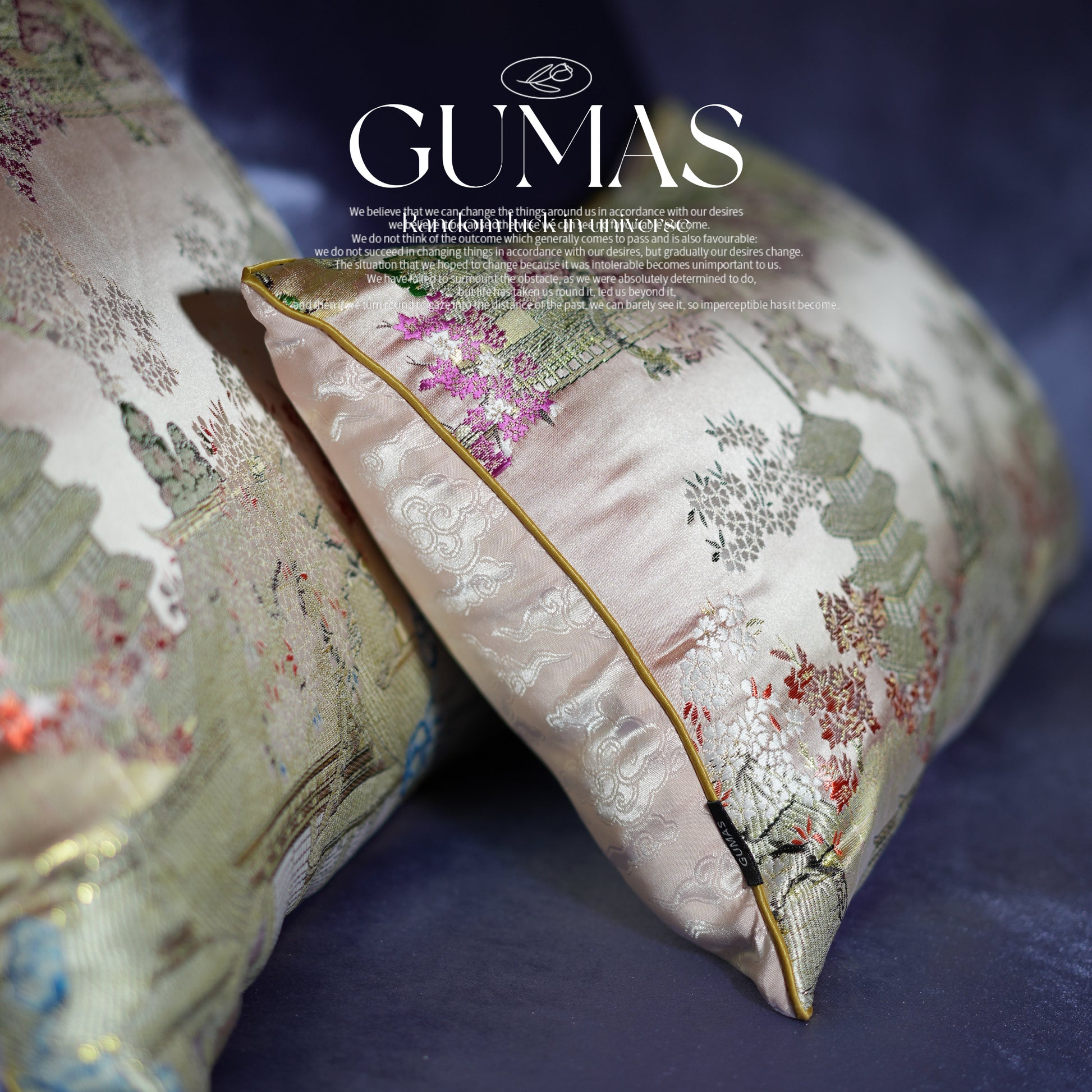Chinese vintage style pink and gold brocade cushion cover with concealed zipper detail