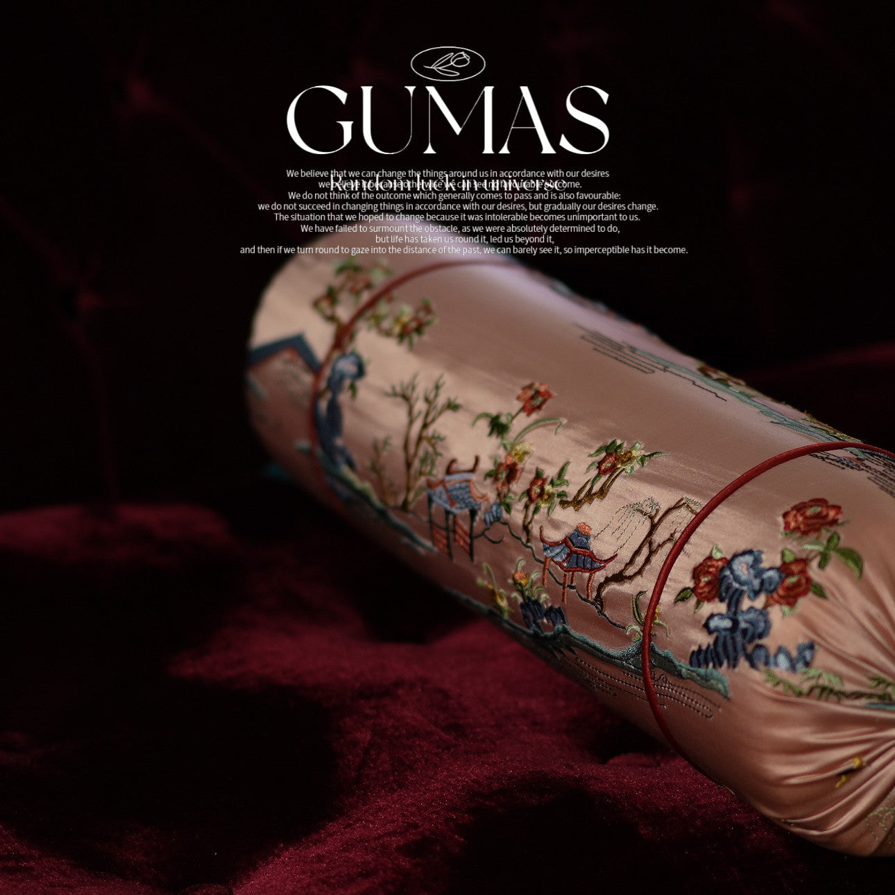 Chinoiserie silk pillow collection showing blush pink lumbar and sage green round styles with gold accents