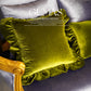 Close up of velvet pile texture and handcrafted ruffle edge detail