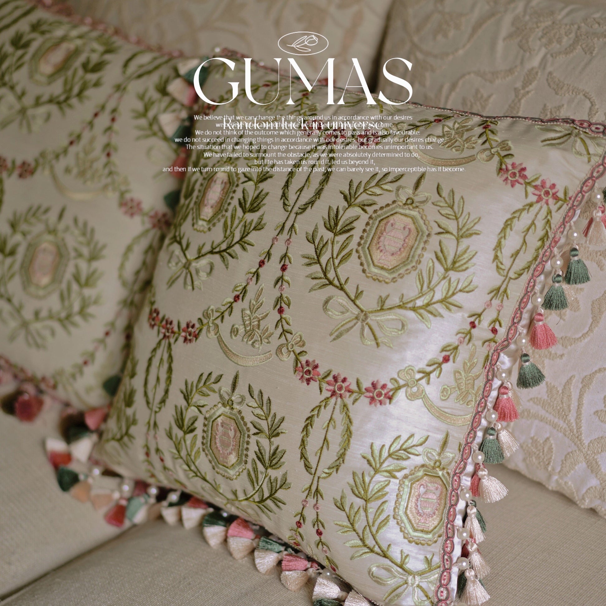 Cream botanical embroidered throw pillow with pink rose medallion and pearl-beaded tassel trim 16.5 inches