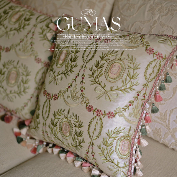 Cream botanical embroidered throw pillow with pink rose medallion and pearl-beaded tassel trim 16.5 inches