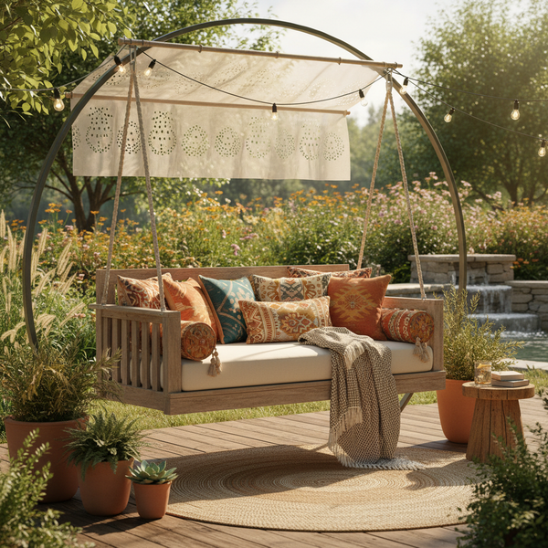 A cozy cushion patio swing in deep teal color hanging in a sunny backyard