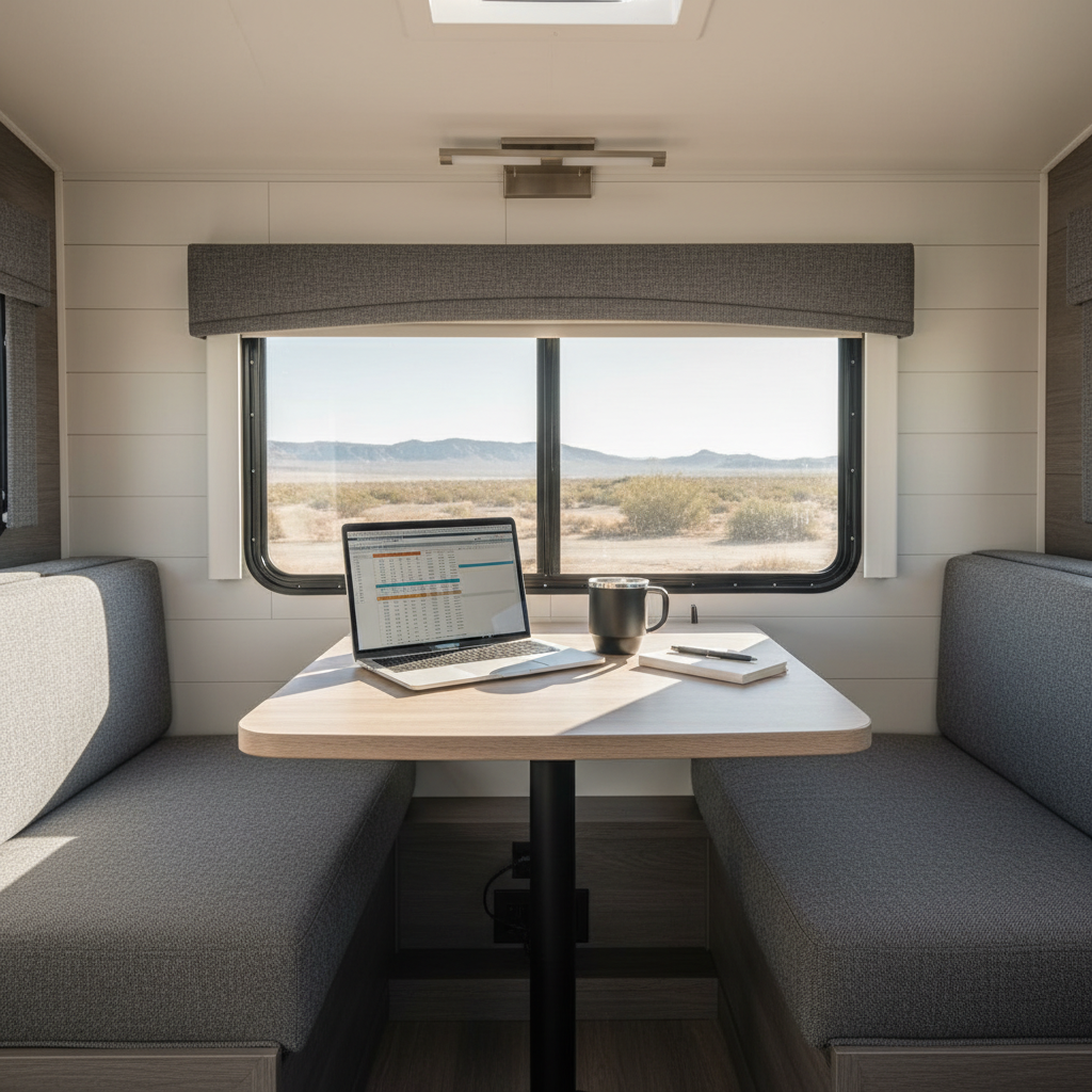 Beautifully designed motorhome cushions in earthy tones, enhancing a cozy interior