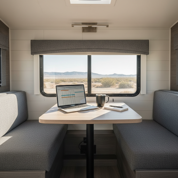 Beautifully designed motorhome cushions in earthy tones, enhancing a cozy interior