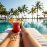 Beautiful outdoor lounge cushions in navy and coral on a patio