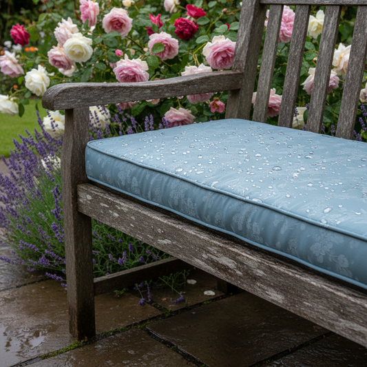 Cozy patio featuring custom bench cushions in rich navy and forest green colors