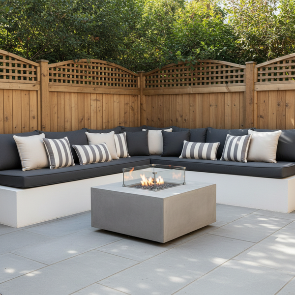 Custom bench cushions in soft pastel colors arranged in a cozy nook.