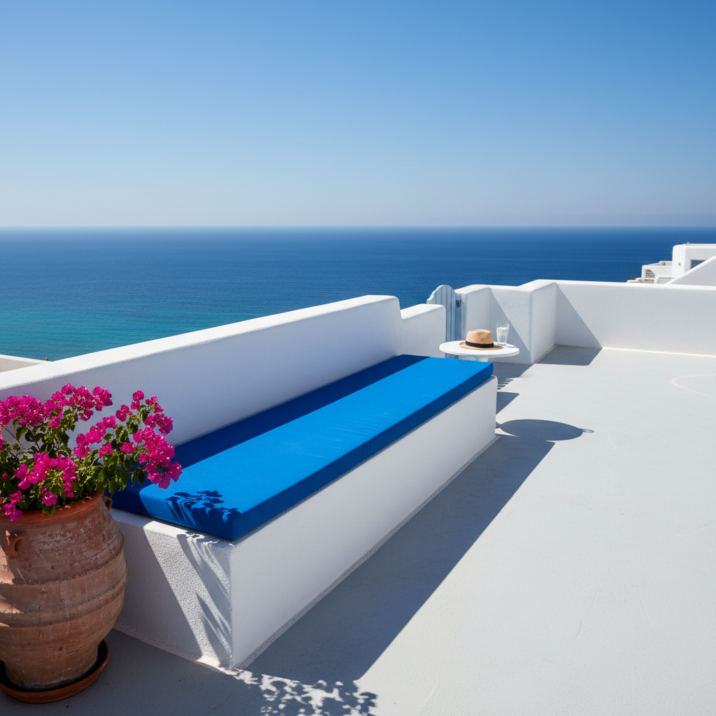 Stylish custom bench seat in deep teal with geometric patterns in a modern kitchen setting.