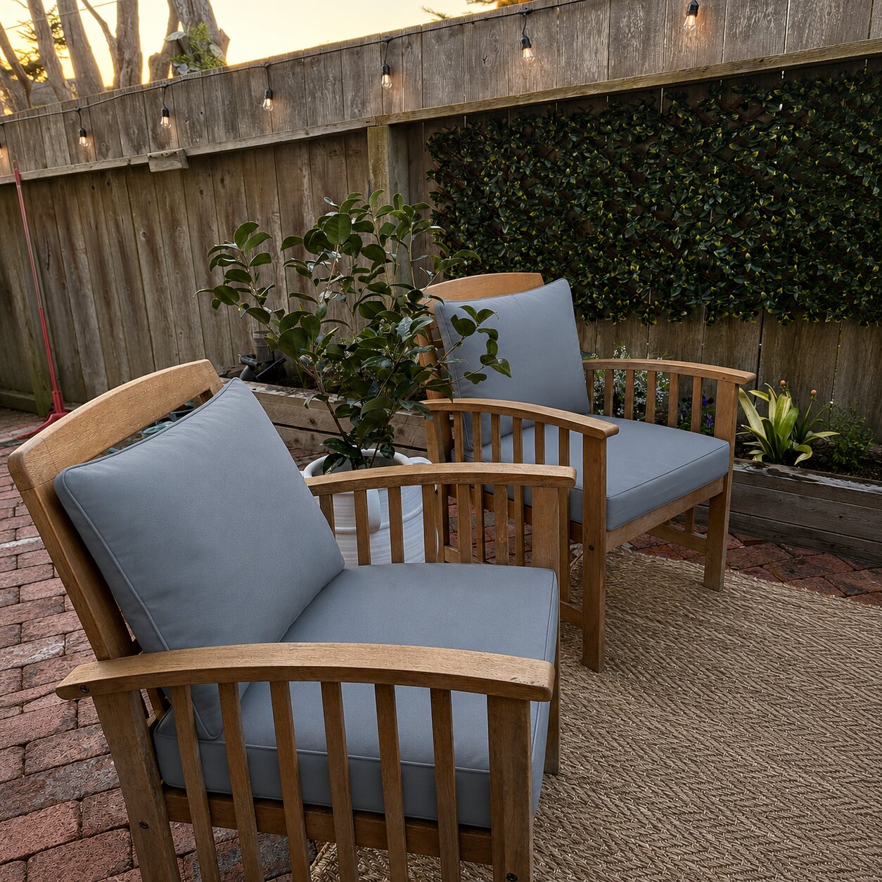 Custom blue-gray outdoor chair cushions for wood patio chairs