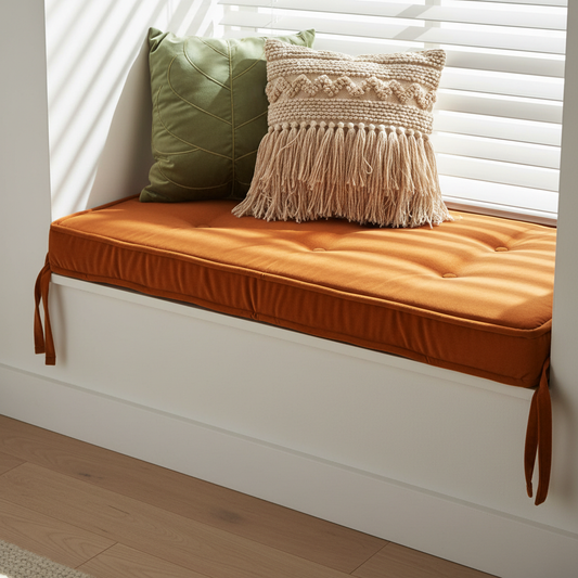Custom Indoor Bench Cushions in a cozy nook setting, highlighting their color and texture.