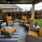 Custom mustard yellow wicker patio chair cushions with an ottoman