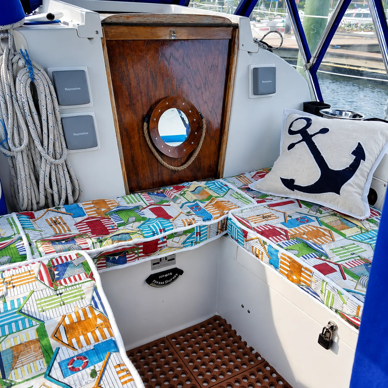 Custom nautical boat cockpit cushions with colorful marine fabric