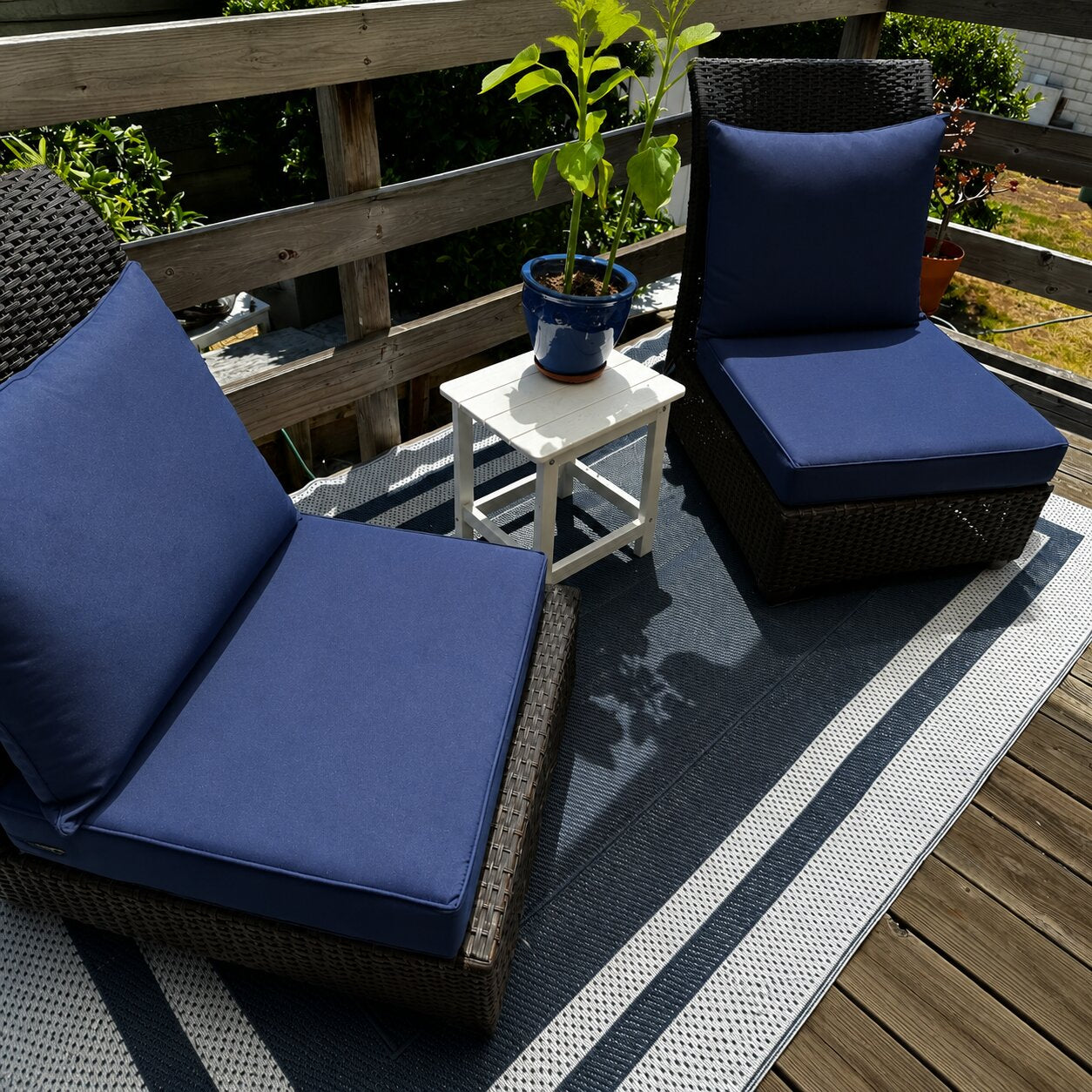 Custom navy blue outdoor chaise lounge cushions for a deck