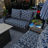 Custom navy geometric wicker patio sofa cushions for outdoor seating