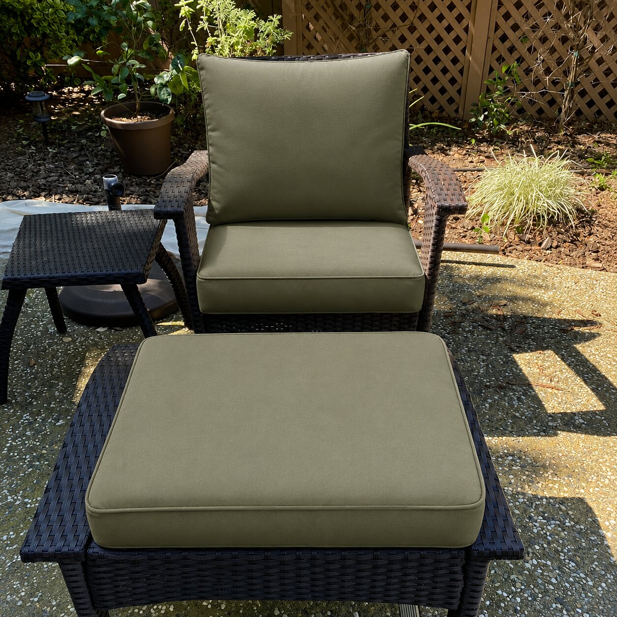 Custom olive green wicker chair cushion and ottoman set