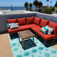 Custom red outdoor sectional cushions for a rooftop patio sofa