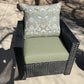 Custom sage green wicker armchair cushion with a paisley back pillow