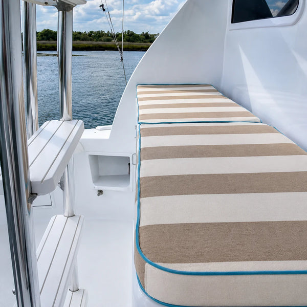 Custom striped boat sun pad cushions for bow lounge seating