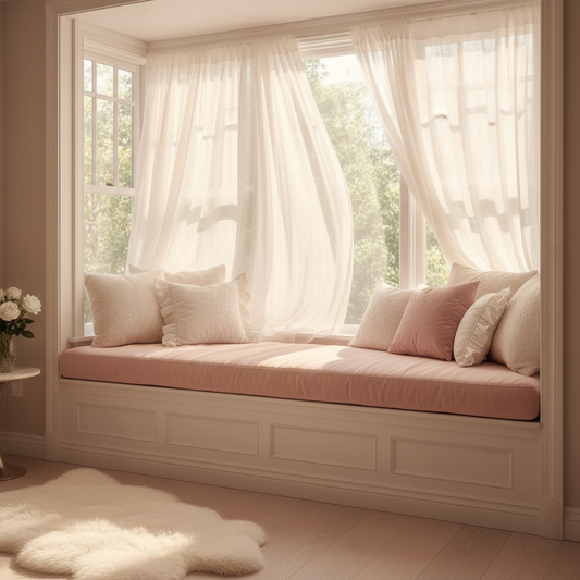 Custom window cushion in seafoam green placed in a serene reading nook