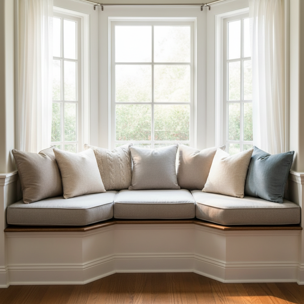 Custom window seat cushions in soft green and blue hues in a comfortable nook