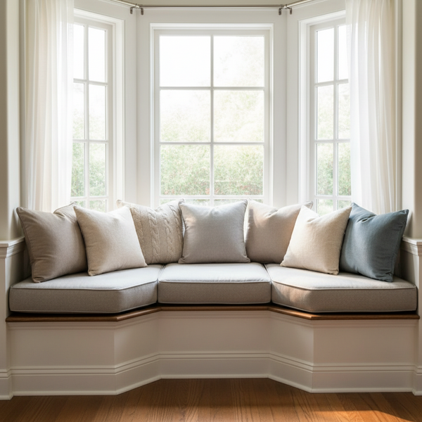 Custom window seat cushions in soft green and blue hues in a comfortable nook
