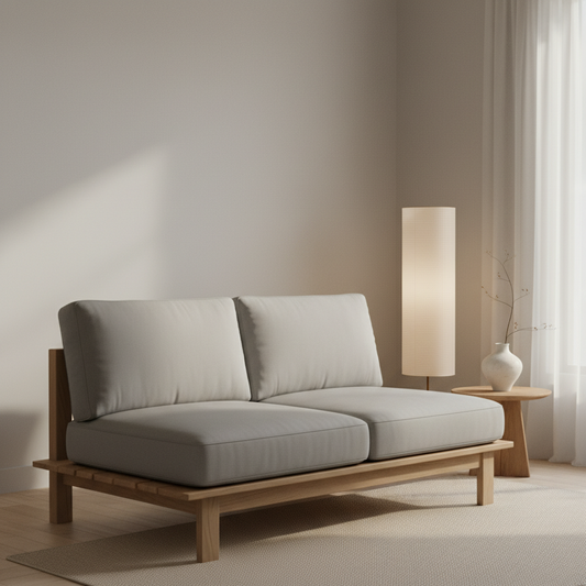 Deep seat loveseat with navy blue upholstery in a modern living room setting