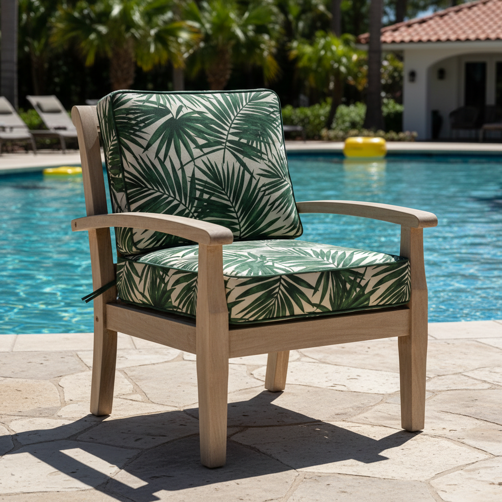 Deep seat outdoor cushions in navy blue and forest green on a sunny patio
