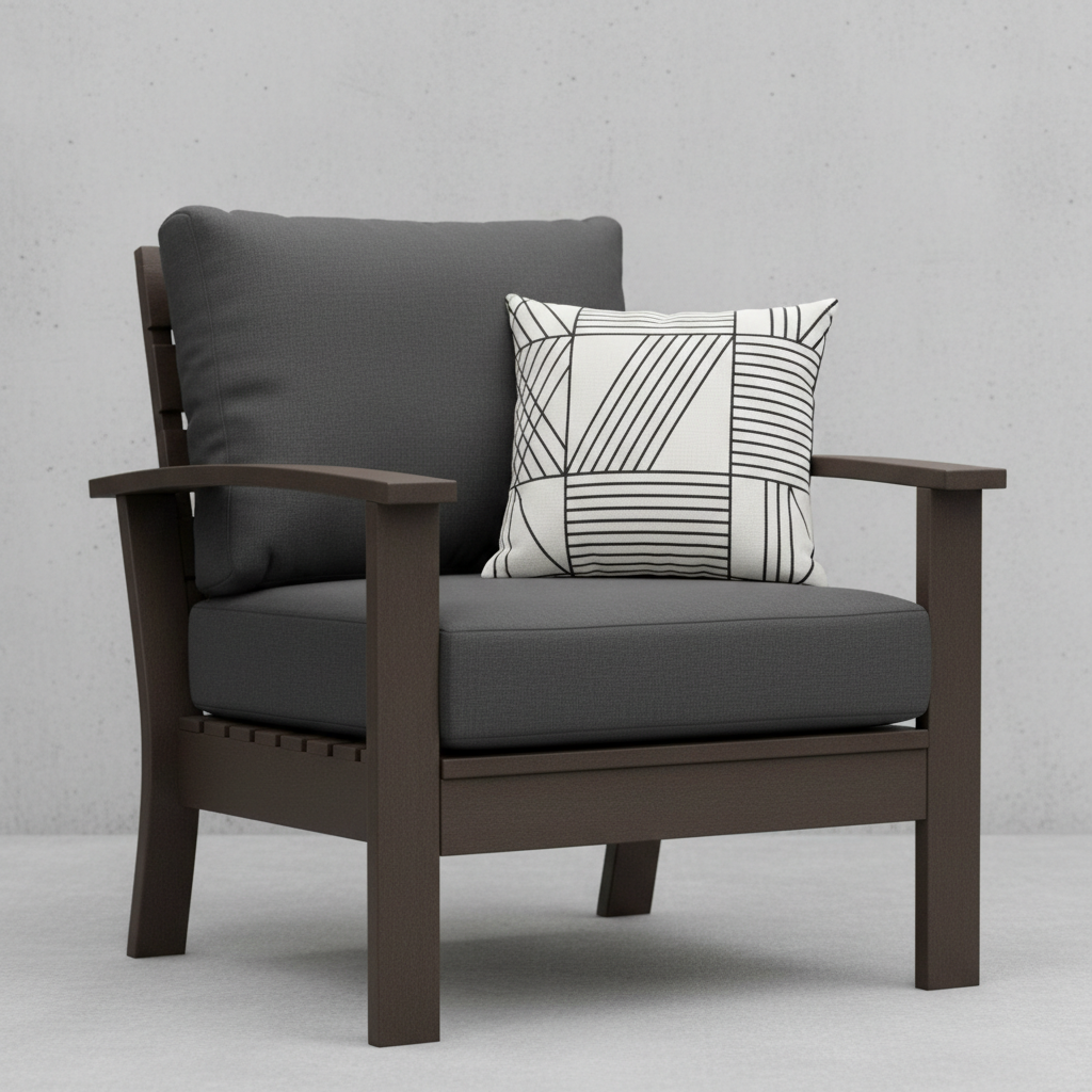 Deep seating replacement cushions in dark colors on outdoor furniture surrounded by greenery.