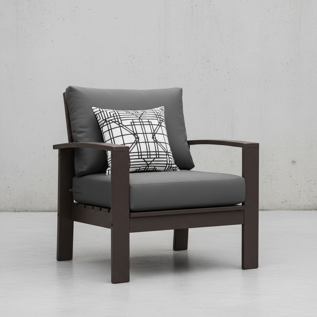 Deep navy blue and forest green replacement cushions on stylish outdoor seating